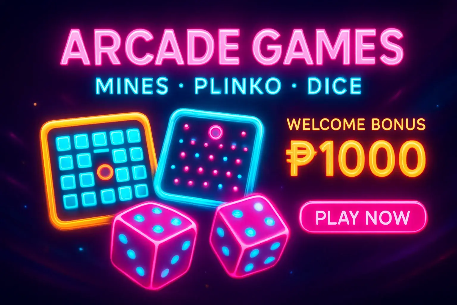 Neon arcade games banner with mines, plinko, dice, and play button