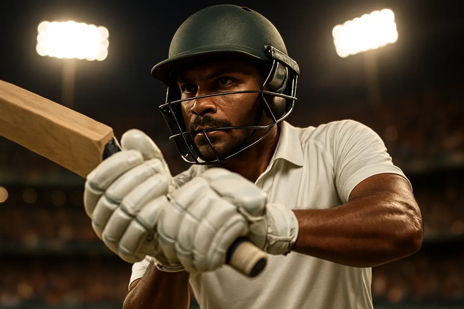 Bangladeshi male cricket batsman in white kit mid-swing under stadium lights