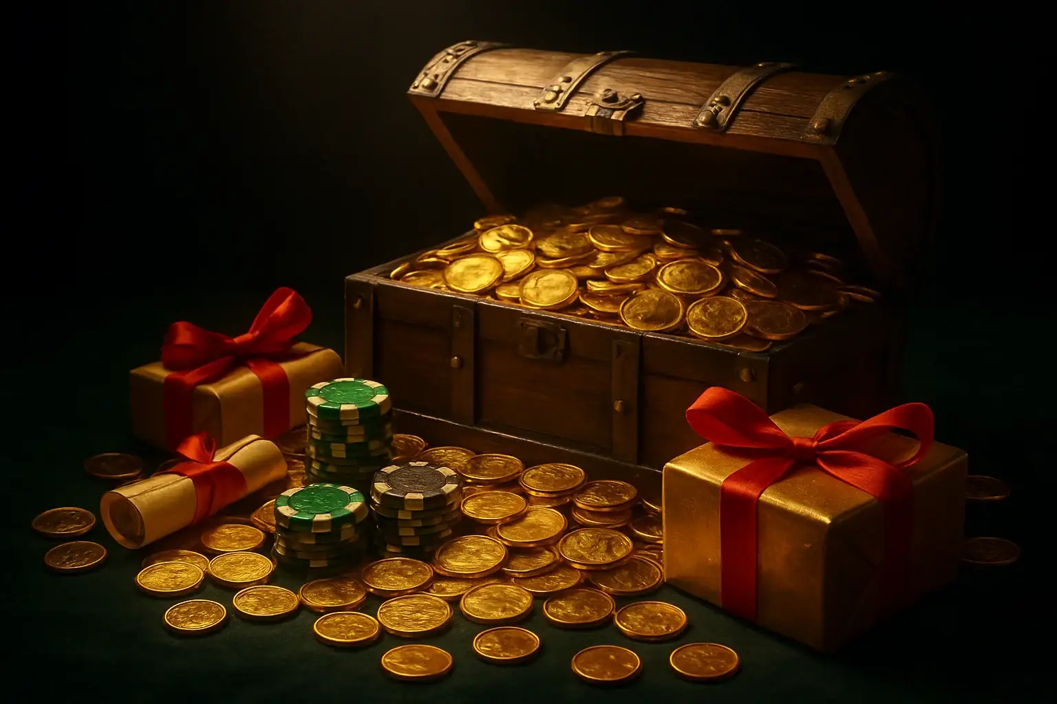 Overflowing treasure chest with coins, casino chips, vouchers, and gift boxes