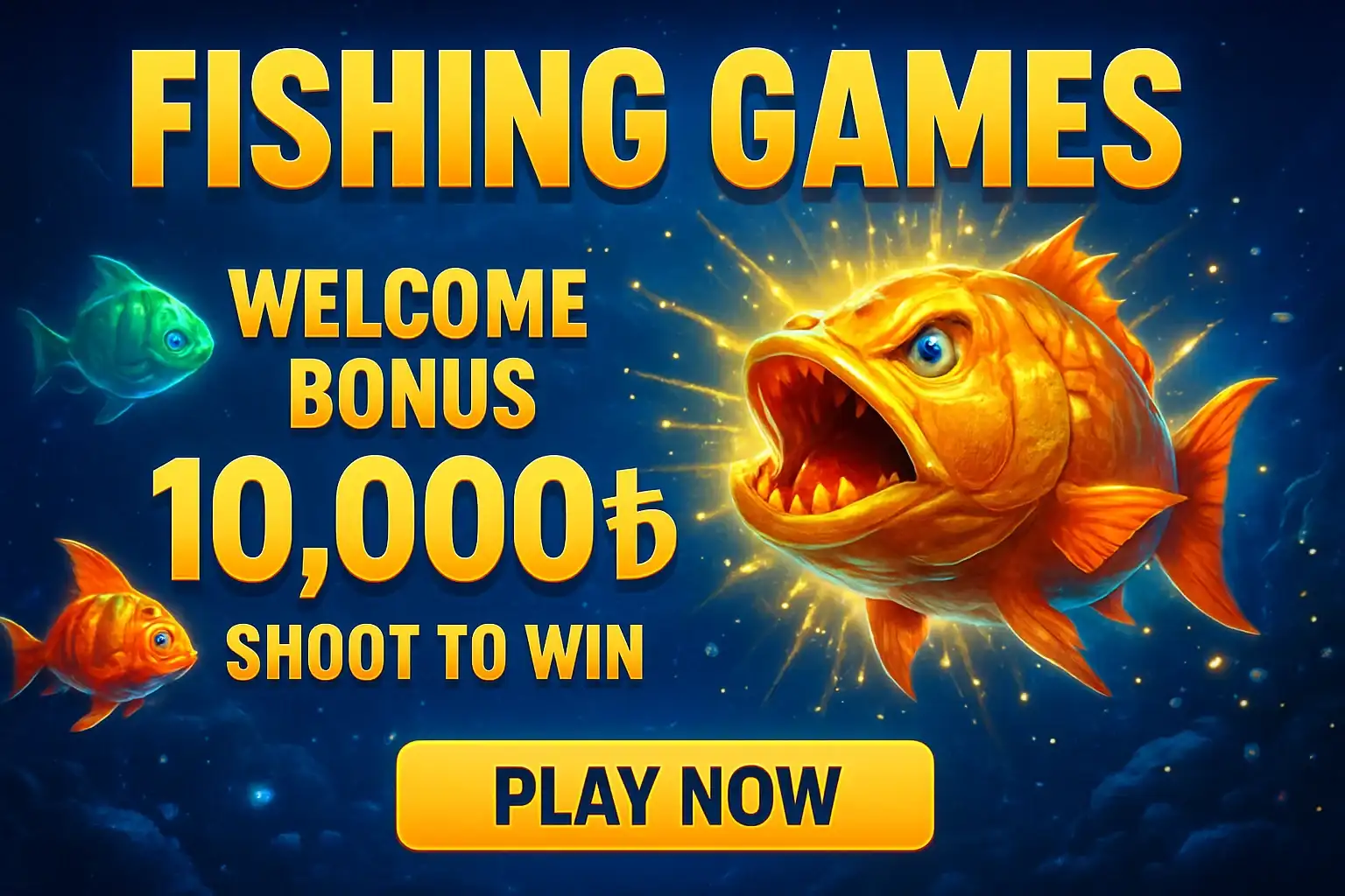 Fishing arcade banner with boss fish, bonus offer, and play button
