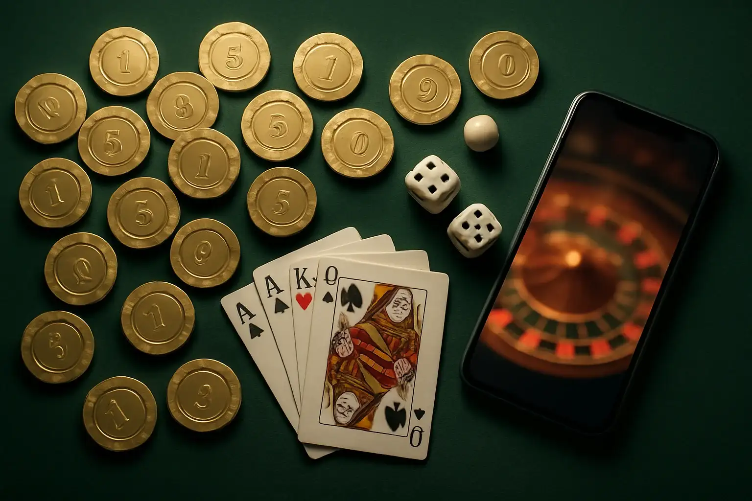 Top-down casino table with gold chips, cards, dice, and smartphone