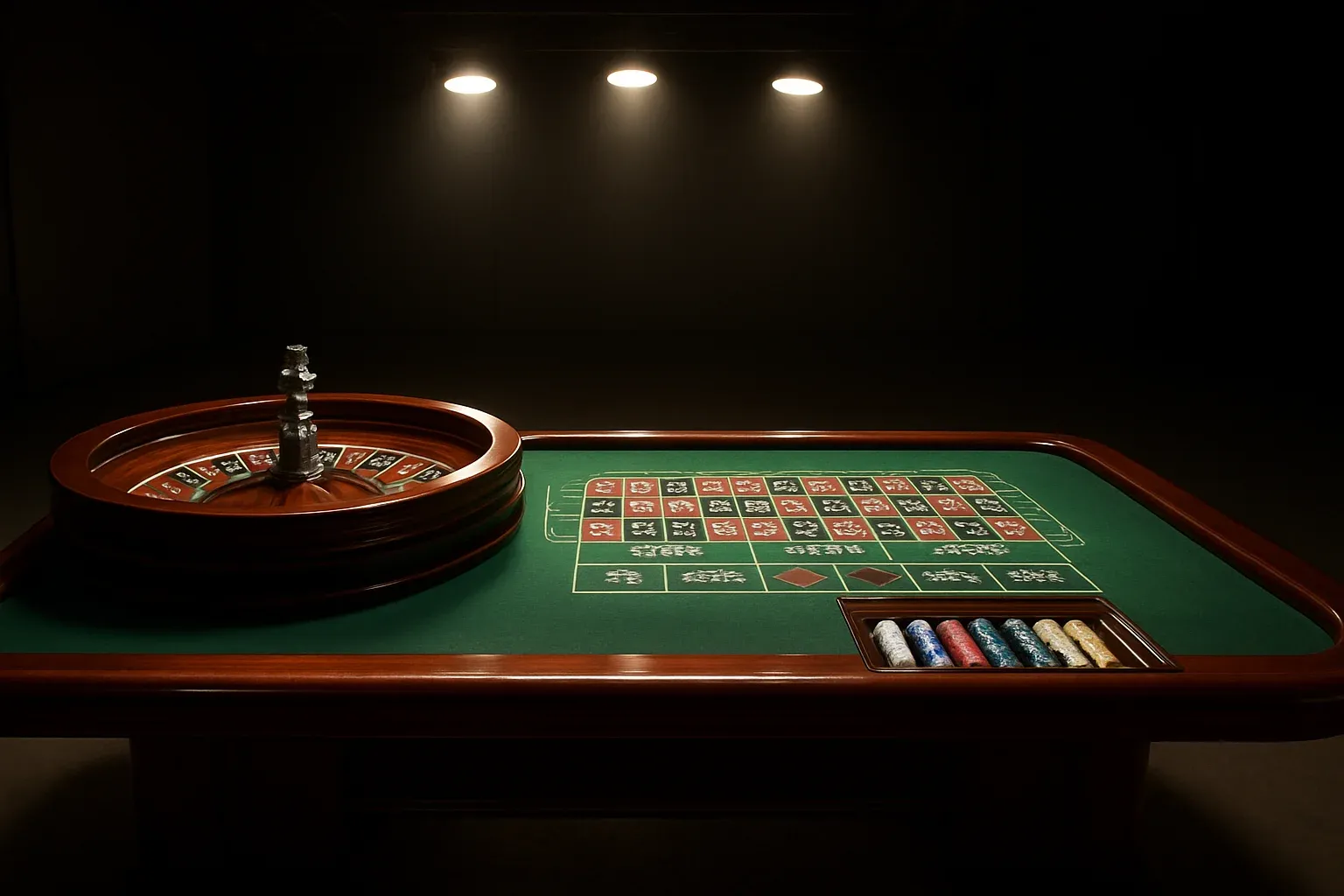 Premium live casino studio with empty roulette table and dramatic lighting