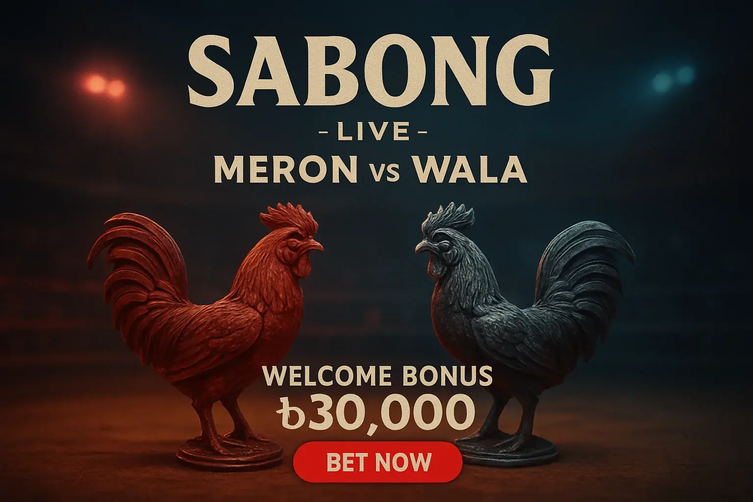 Promotional live sabong banner with decorative rooster figurines and bonus offer