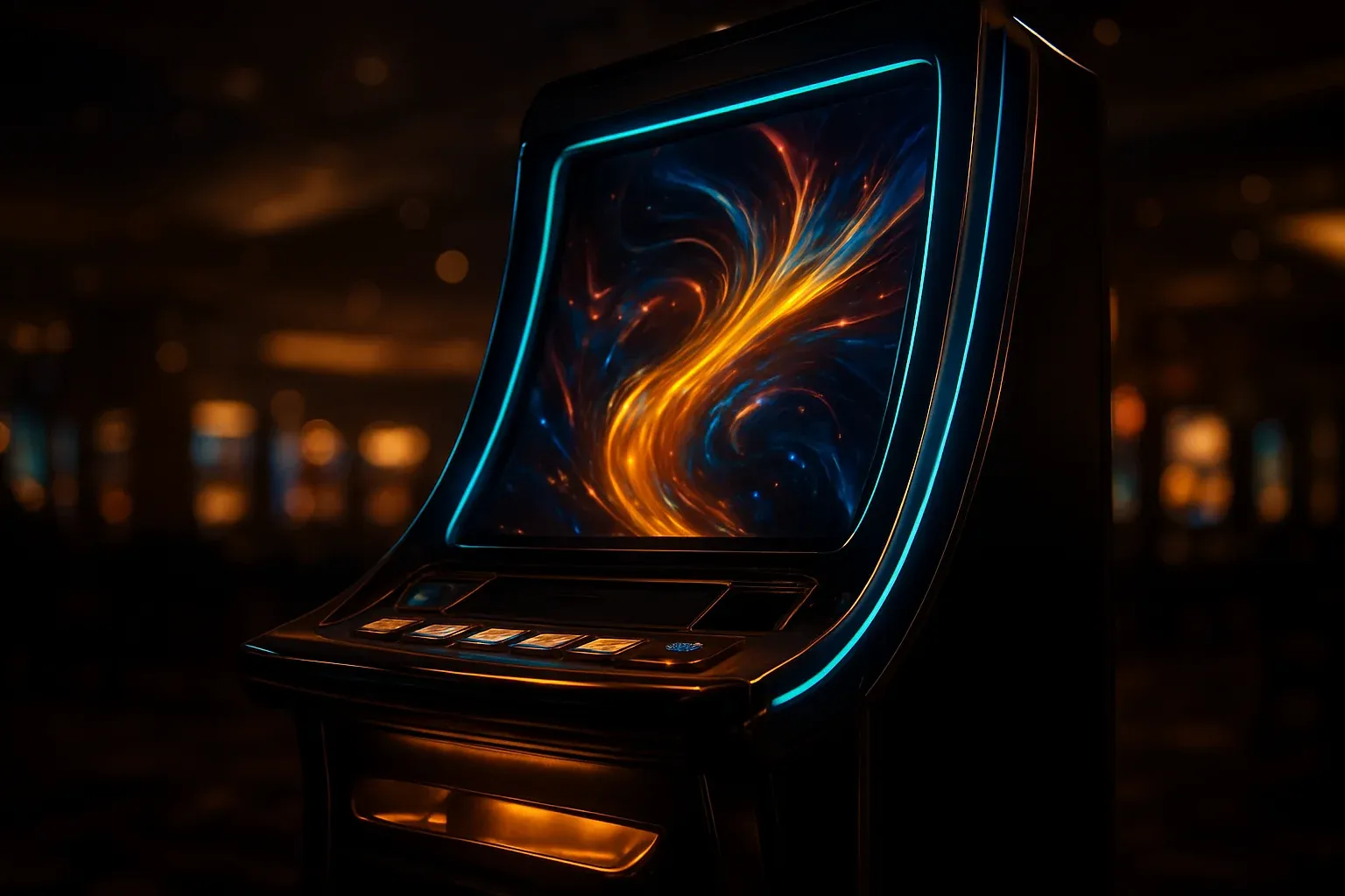 Hyperrealistic premium slot machine glowing in dark luxury casino floor